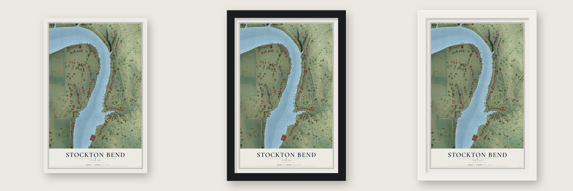 Stockton Bend, Texas map unframed, in a black wood frame and in a white wood frame