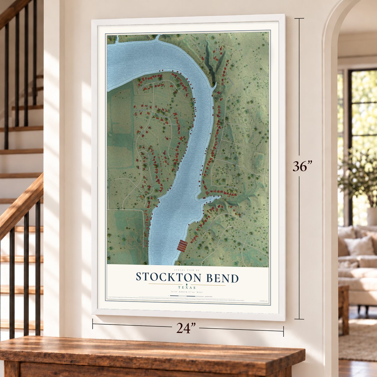 Stockton Bend, Texas map, 24 x 36 inch print in a white frame by a staircase