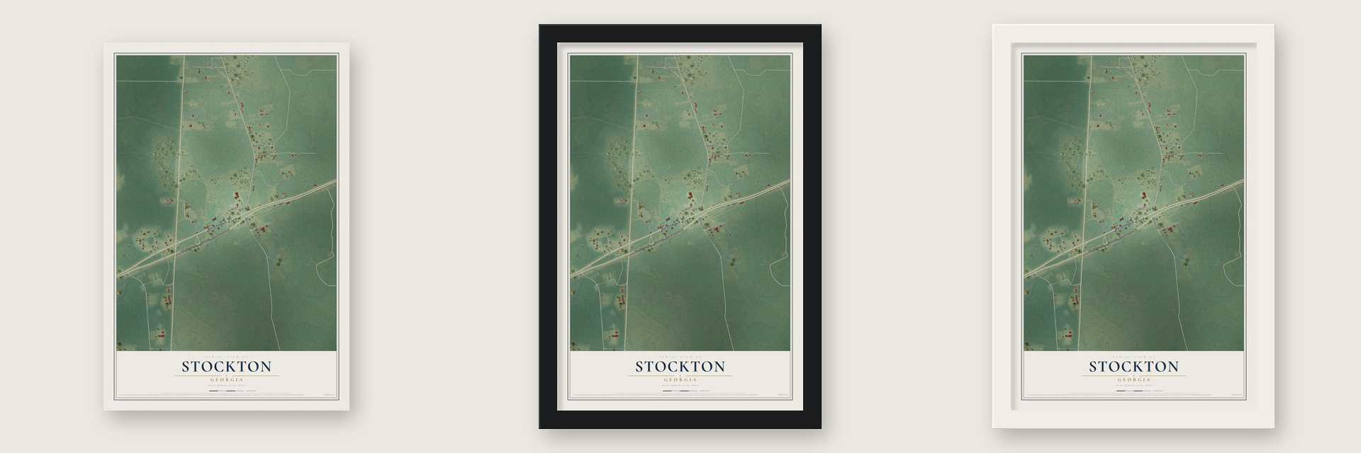 Stockton, Georgia map unframed, in a black wood frame and in a white wood frame