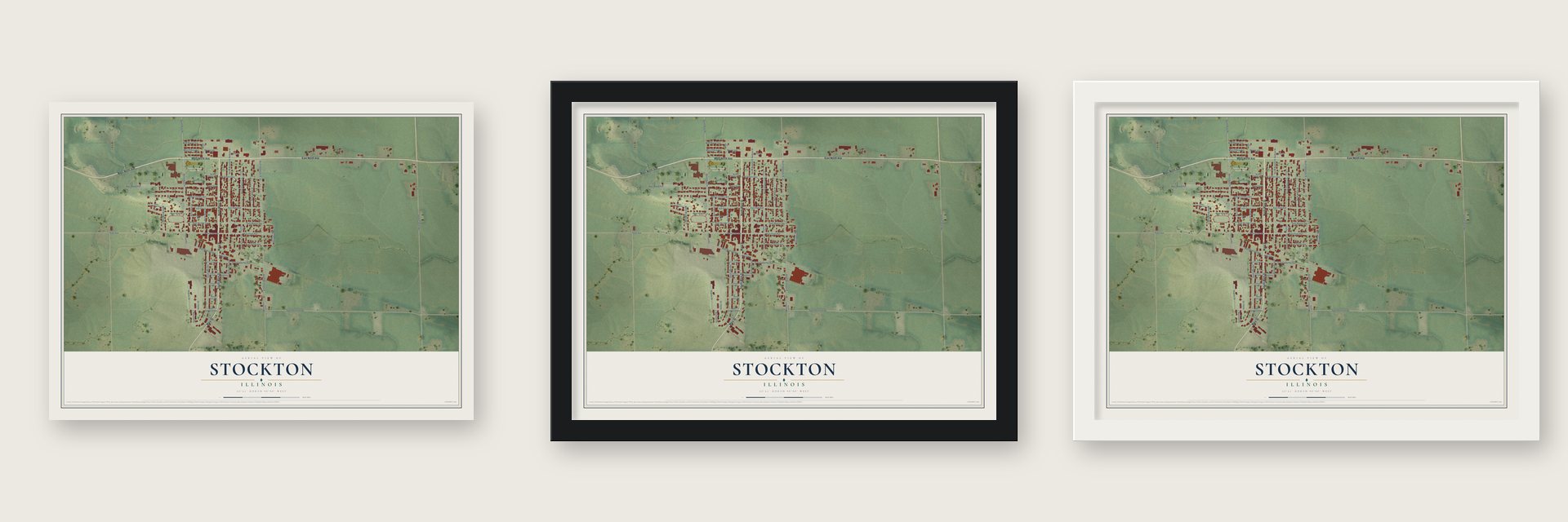 Stockton, Illinois map unframed, in a black wood frame and in a white wood frame