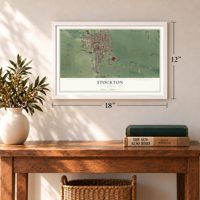 Stockton, Illinois map, 12 x 18 inch print in a white frame in an entryway