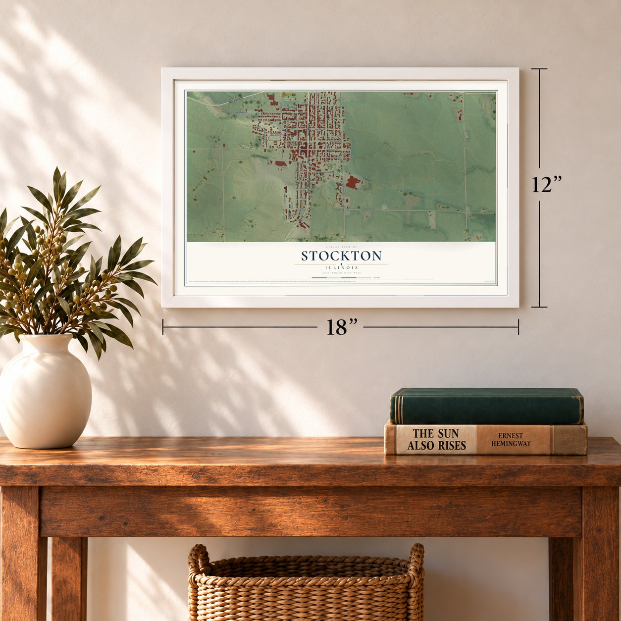 Stockton, Illinois map, 12 x 18 inch print in a white frame in an entryway