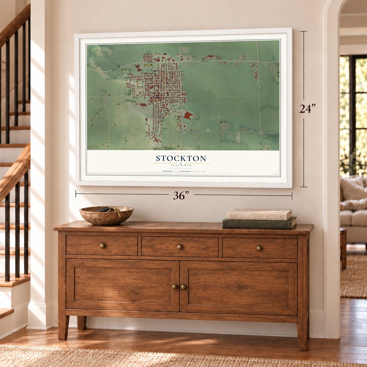Stockton, Illinois map, 24 x 36 inch print in a white frame above a dresser by a staircase