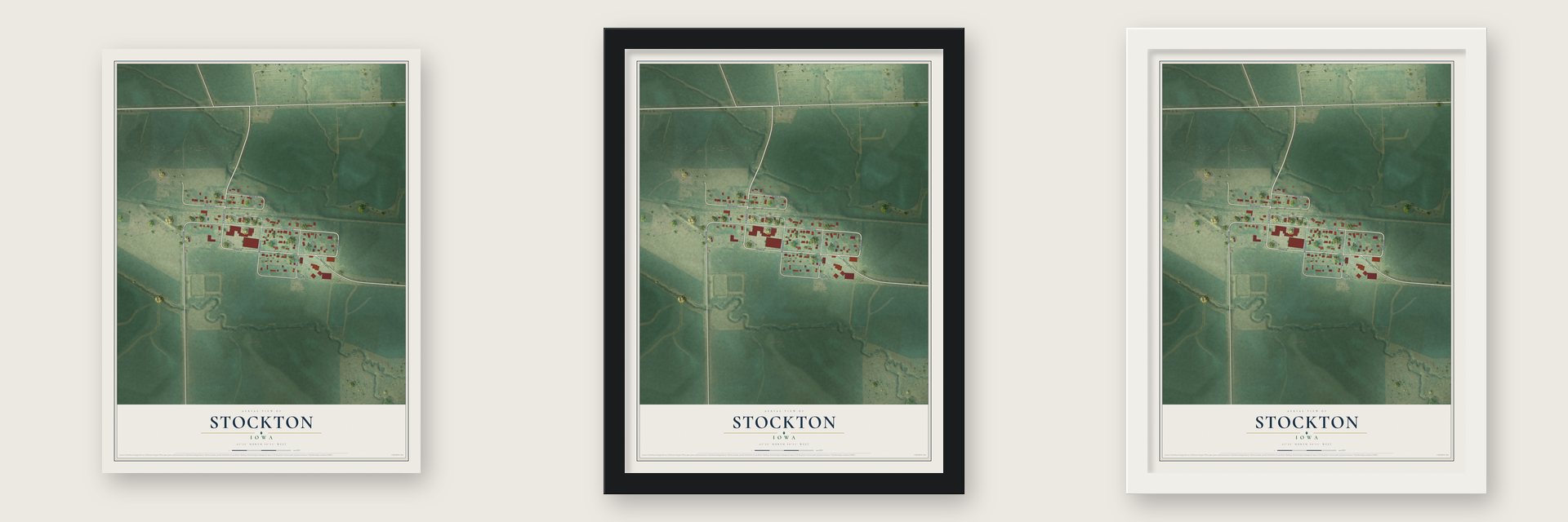Stockton, Iowa map unframed, in a black wood frame and in a white wood frame