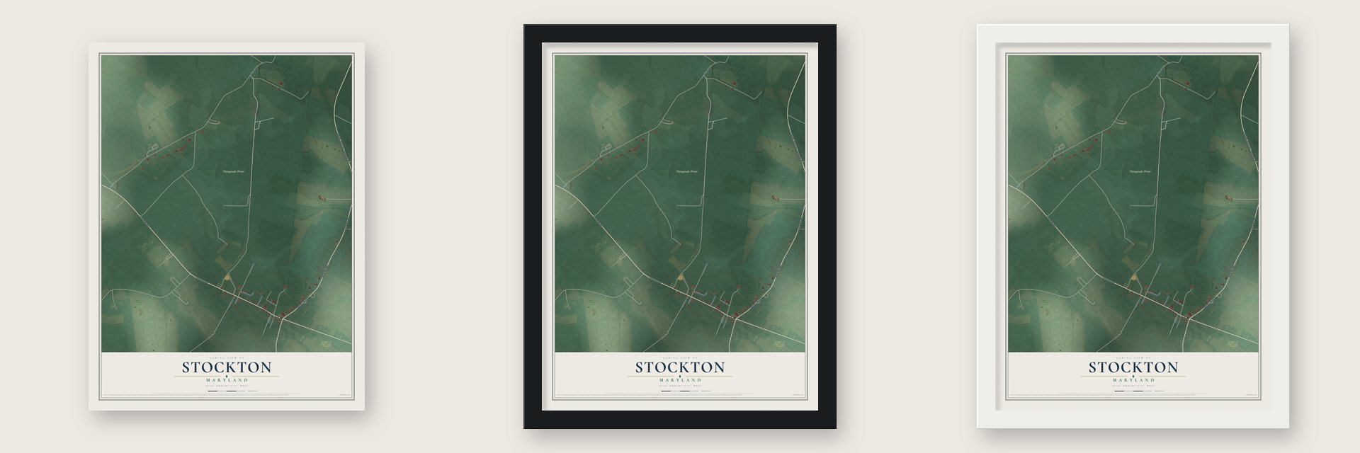 Stockton, Maryland map unframed, in a black wood frame and in a white wood frame