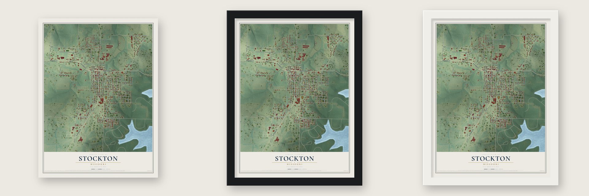 Stockton, Missouri map unframed, in a black wood frame and in a white wood frame