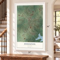 Stockton, Missouri map, 24 x 36 inch print in a white frame by a staircase