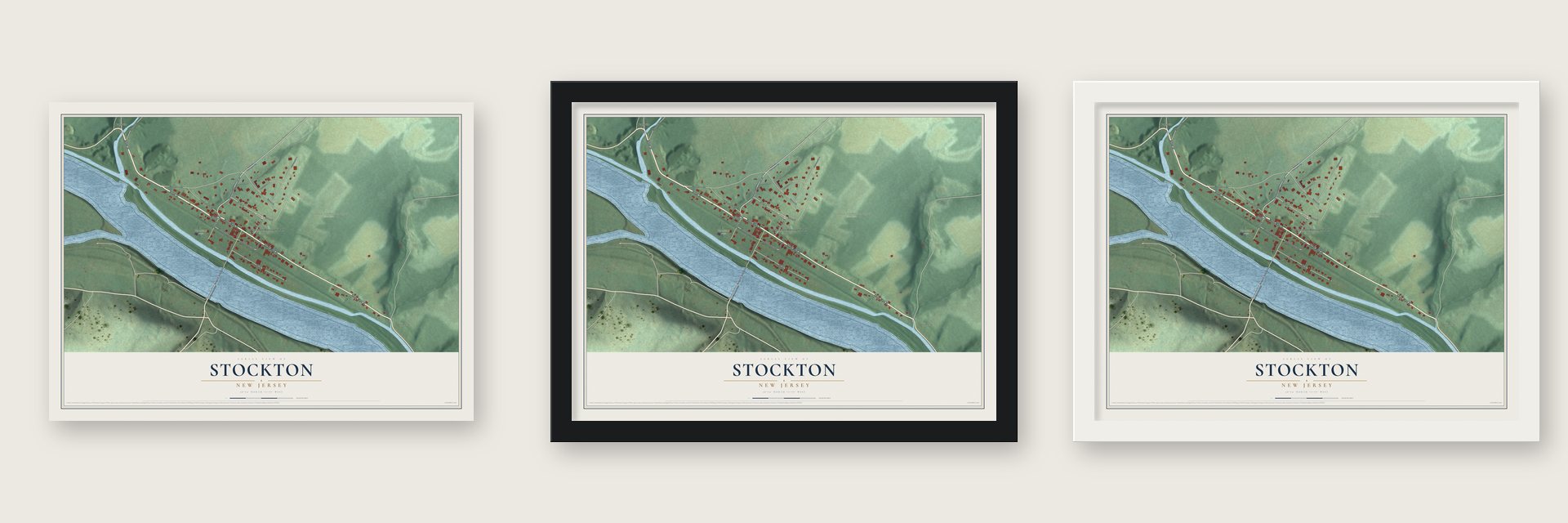 Stockton, New Jersey map unframed, in a black wood frame and in a white wood frame