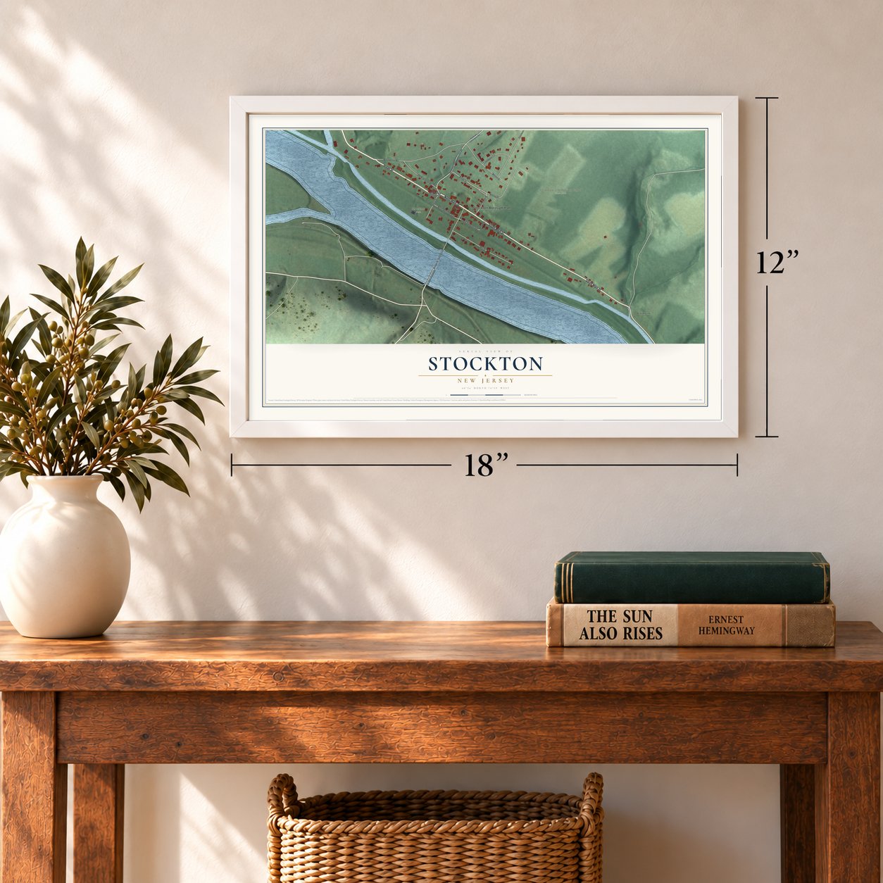 Stockton, New Jersey map, 12 x 18 inch print in a white frame in an entryway
