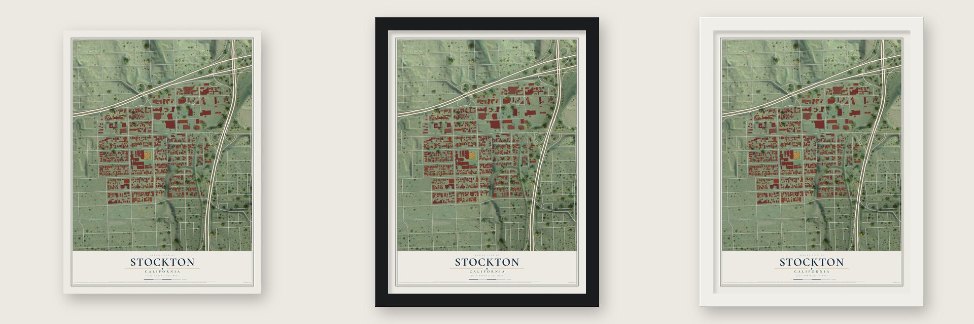 Stockton, San Diego, California map unframed, in a black wood frame and in a white wood frame