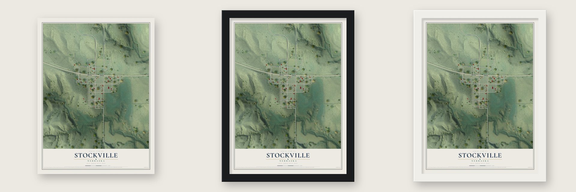 Stockville, Nebraska map unframed, in a black wood frame and in a white wood frame