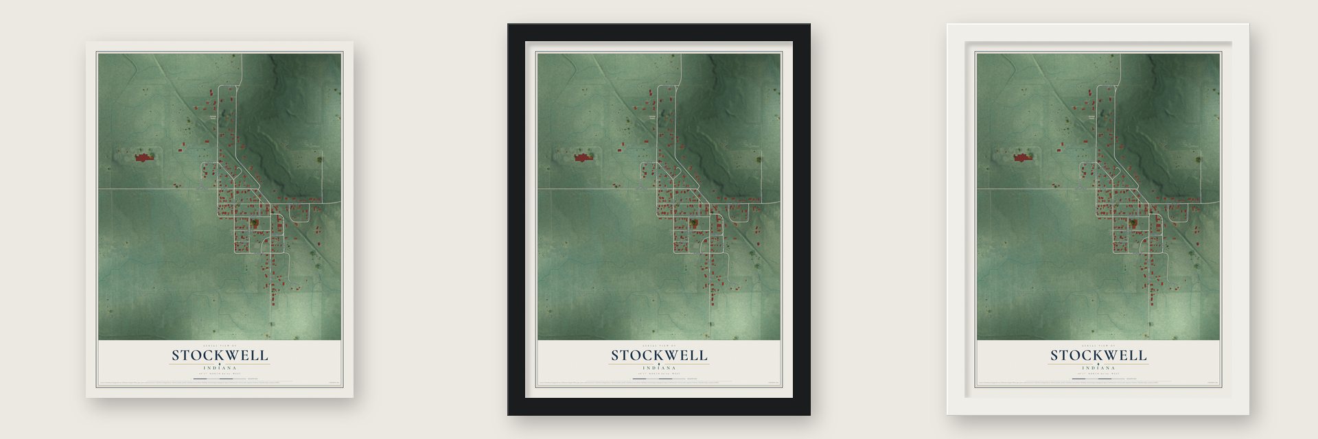 Stockwell, Indiana map unframed, in a black wood frame and in a white wood frame