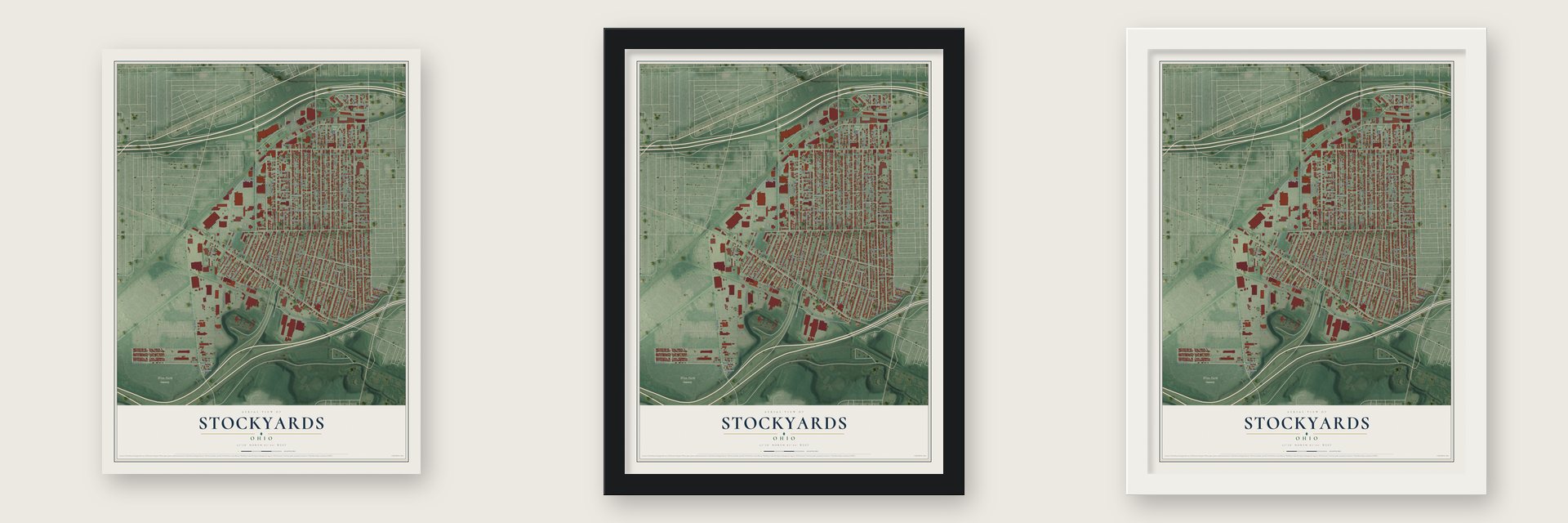 Stockyards, Ohio map unframed, in a black wood frame and in a white wood frame