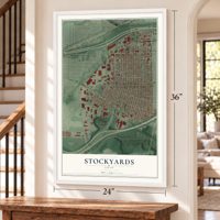 Stockyards, Ohio map, 24 x 36 inch print in a white frame by a staircase