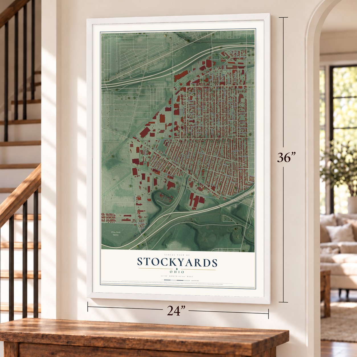 Stockyards, Ohio map, 24 x 36 inch print in a white frame by a staircase