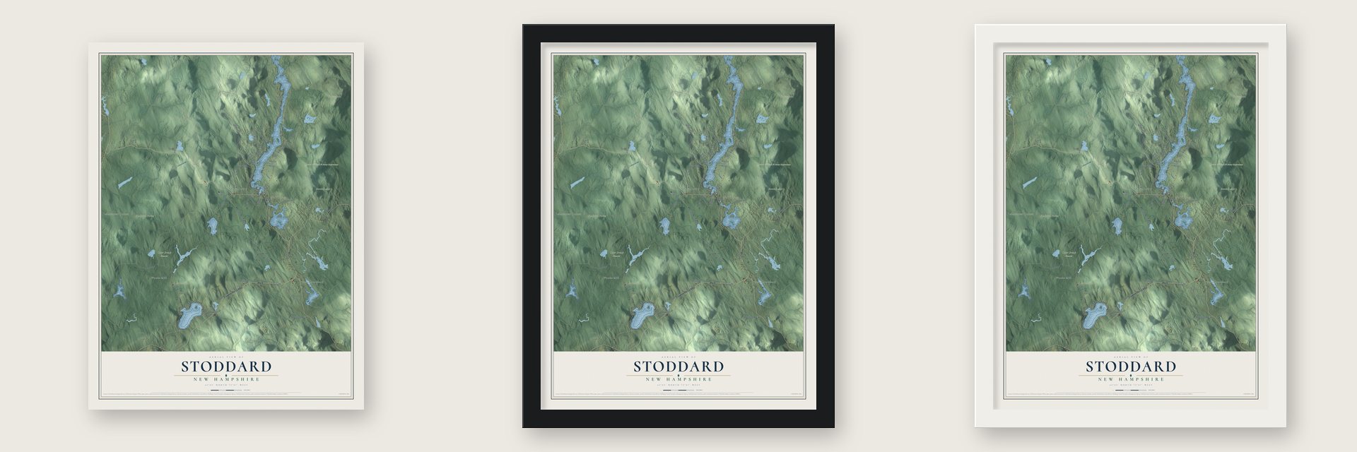 Stoddard, New Hampshire map unframed, in a black wood frame and in a white wood frame