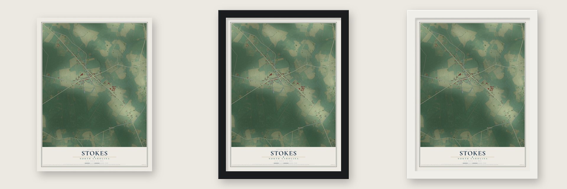 Stokes, North Carolina map unframed, in a black wood frame and in a white wood frame