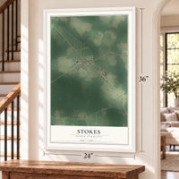Stokes, North Carolina map, 24 x 36 inch print in a white frame by a staircase