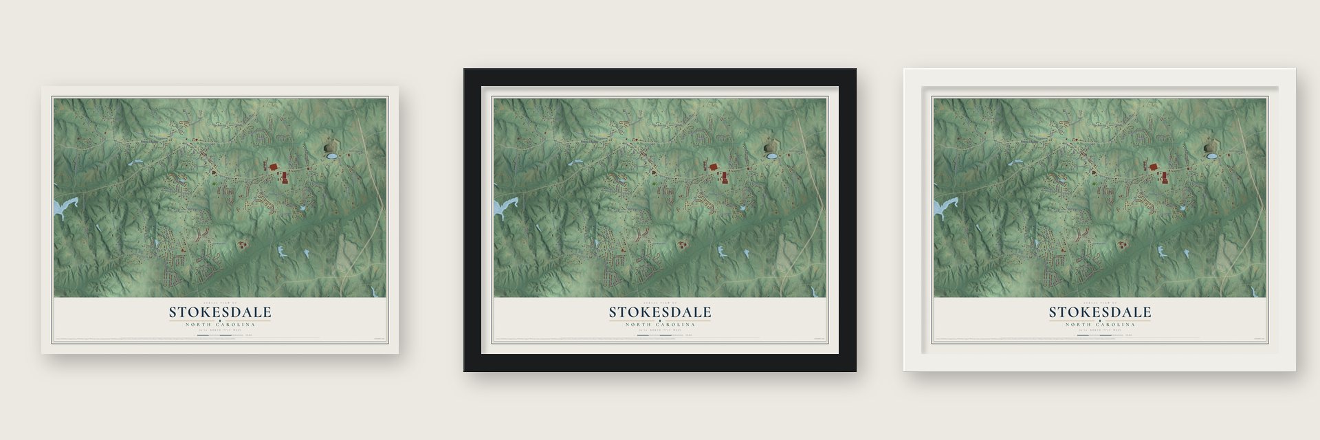 Stokesdale, North Carolina map unframed, in a black wood frame and in a white wood frame