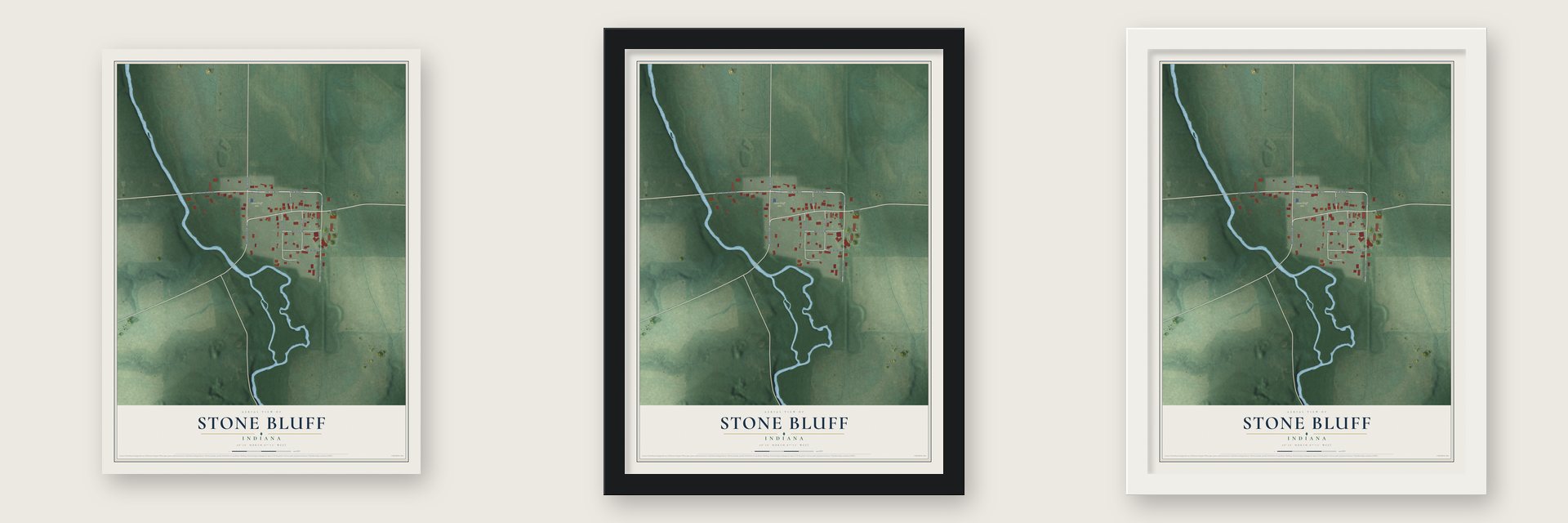Stone Bluff, Indiana map unframed, in a black wood frame and in a white wood frame