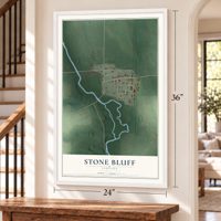 Stone Bluff, Indiana map, 24 x 36 inch print in a white frame by a staircase