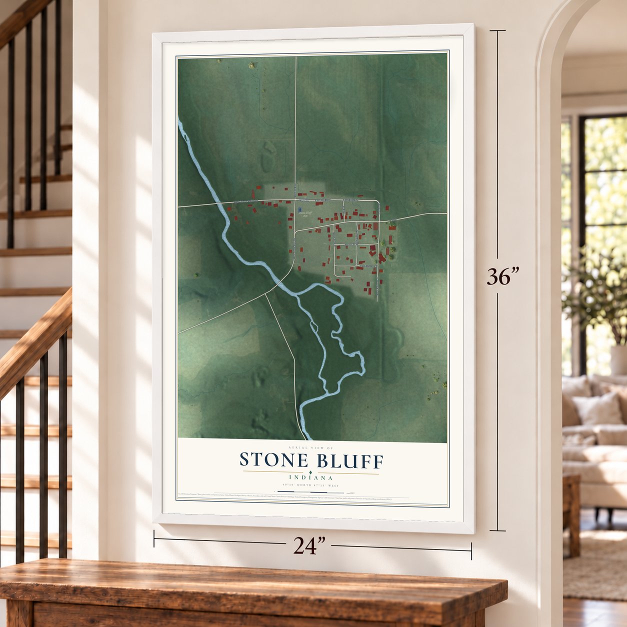 Stone Bluff, Indiana map, 24 x 36 inch print in a white frame by a staircase