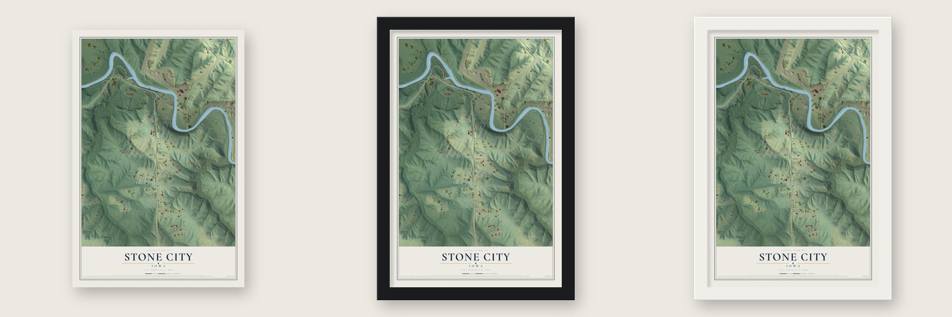 Stone City, Iowa map unframed, in a black wood frame and in a white wood frame
