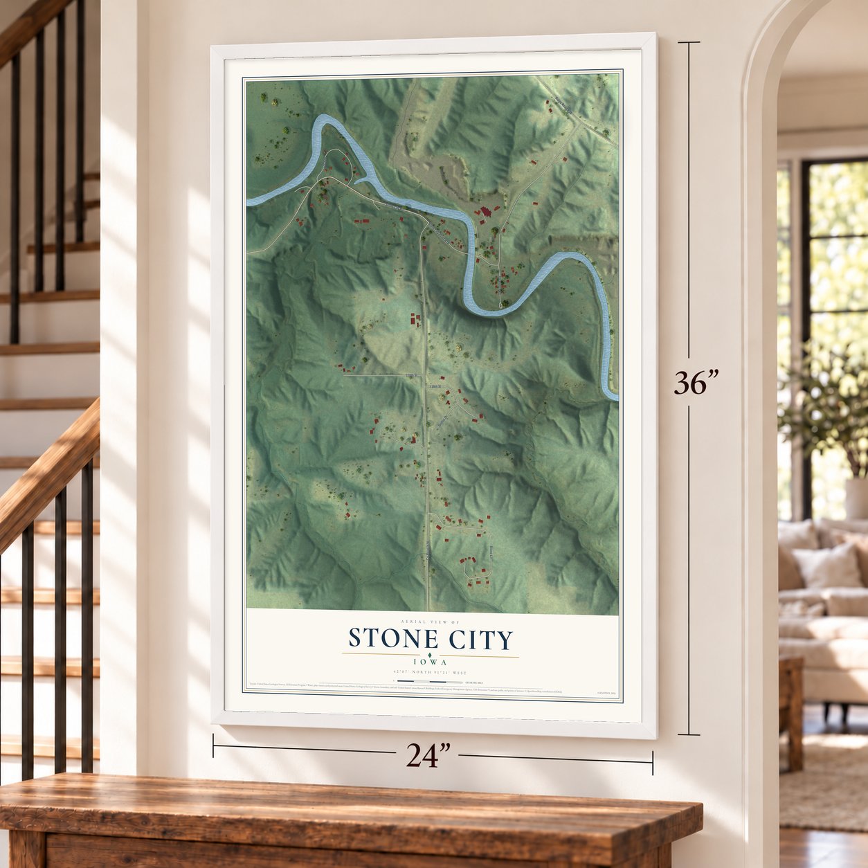 Stone City, Iowa map, 24 x 36 inch print in a white frame by a staircase