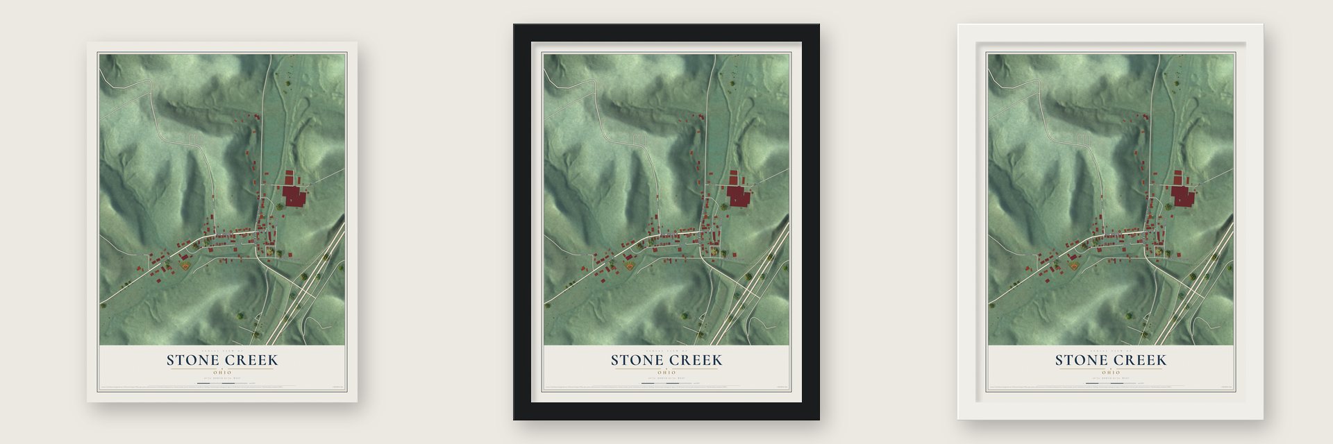 Stone Creek, Ohio map unframed, in a black wood frame and in a white wood frame