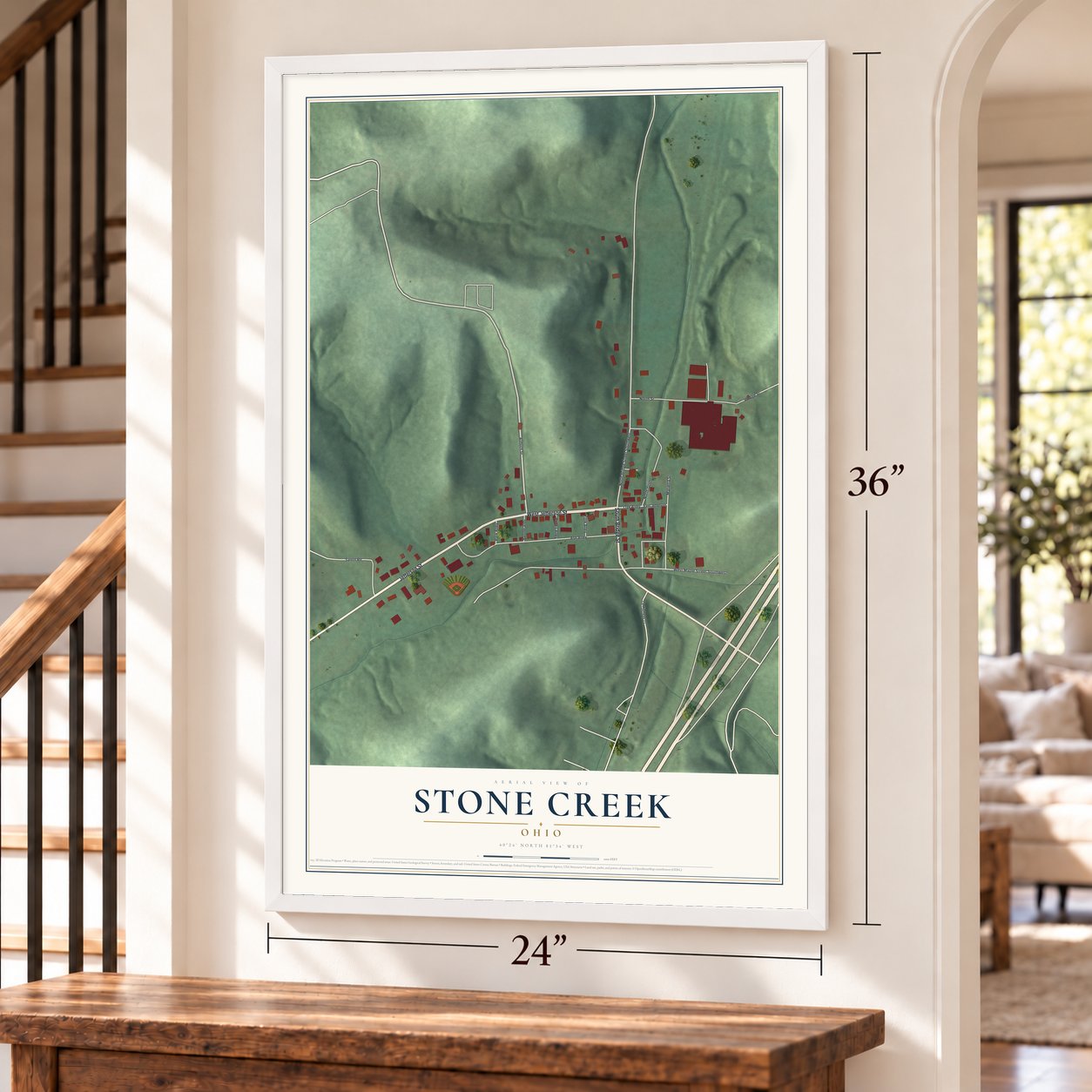 Stone Creek, Ohio map, 24 x 36 inch print in a white frame by a staircase