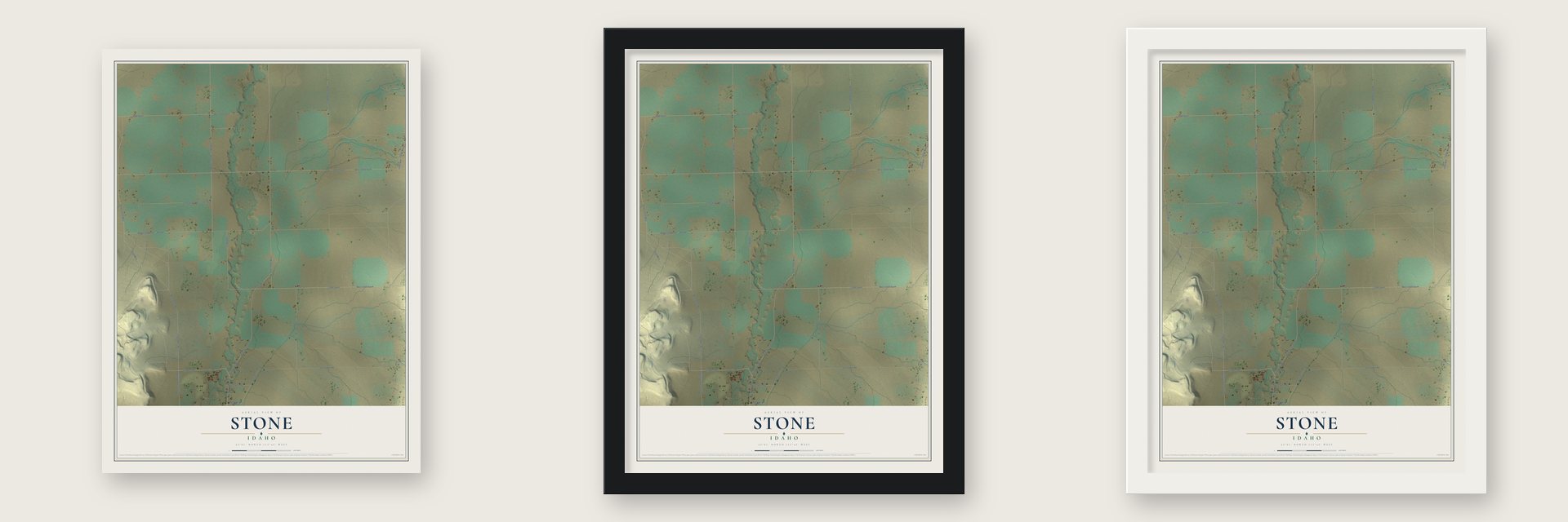 Stone, Idaho map unframed, in a black wood frame and in a white wood frame