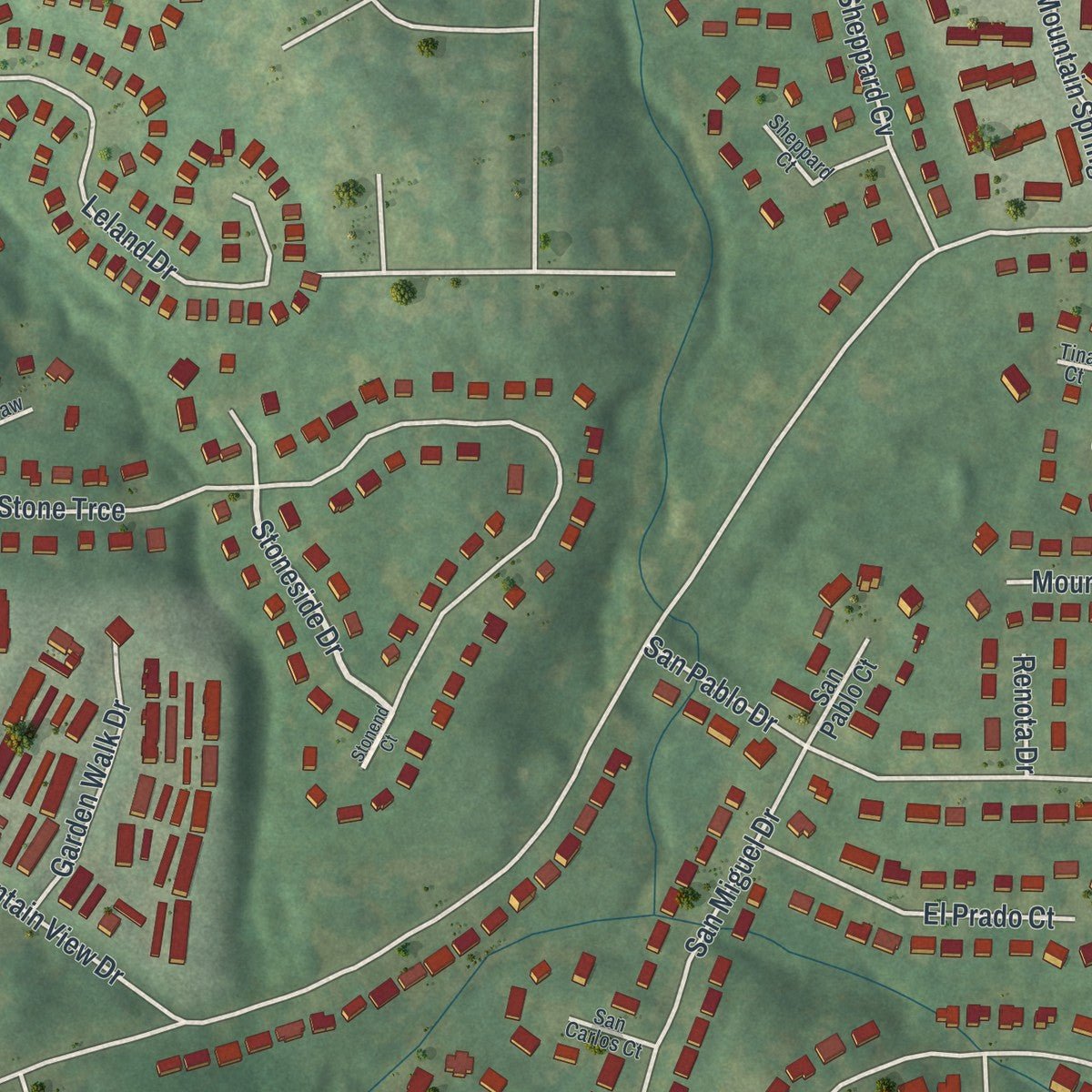 Second close-up of the map of Stone Mountain, Georgia print showing more streets and buildings