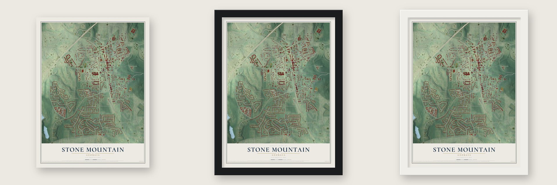 Stone Mountain, Georgia map unframed, in a black wood frame and in a white wood frame