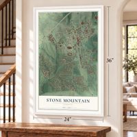 Stone Mountain, Georgia map, 24 x 36 inch print in a white frame by a staircase