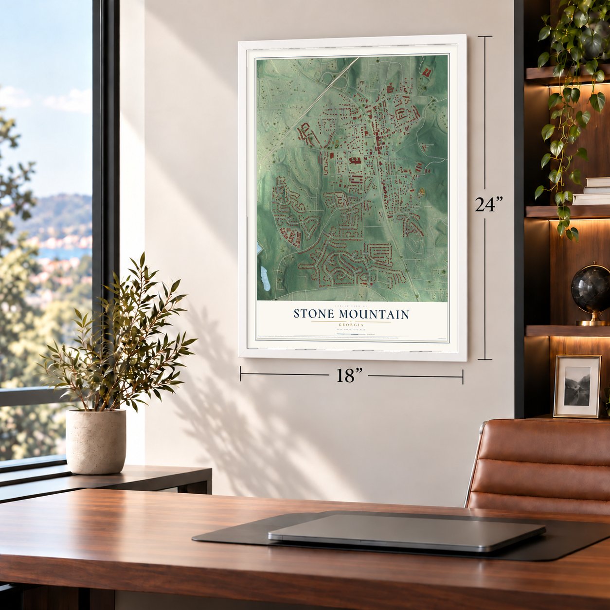 Stone Mountain, Georgia map, 18 x 24 inch print in a white frame in a home office
