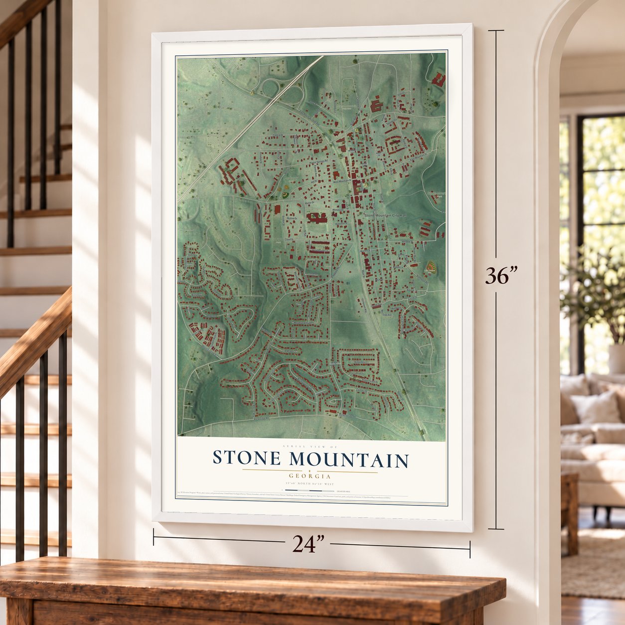 Stone Mountain, Georgia map, 24 x 36 inch print in a white frame by a staircase