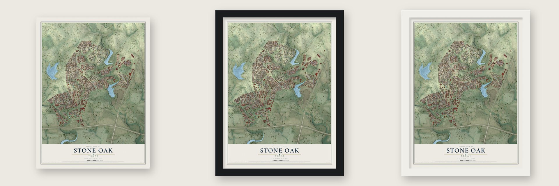 Stone Oak, Texas map unframed, in a black wood frame and in a white wood frame