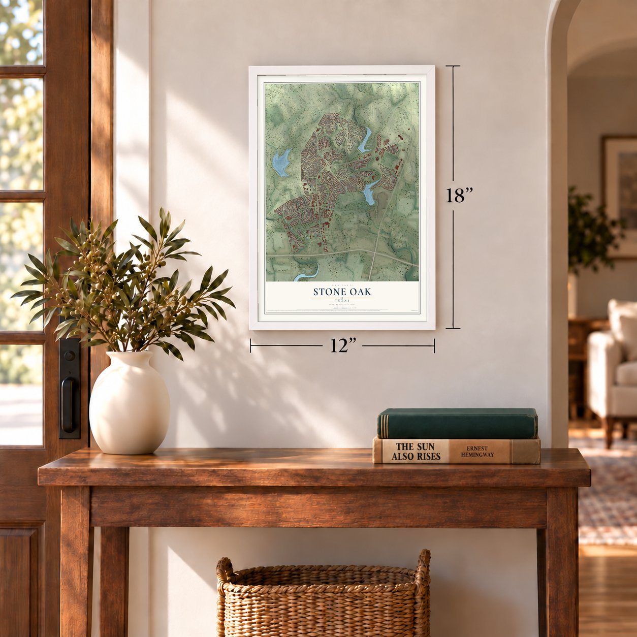 Stone Oak, Texas map, 12 x 18 inch print in a white frame in an entryway