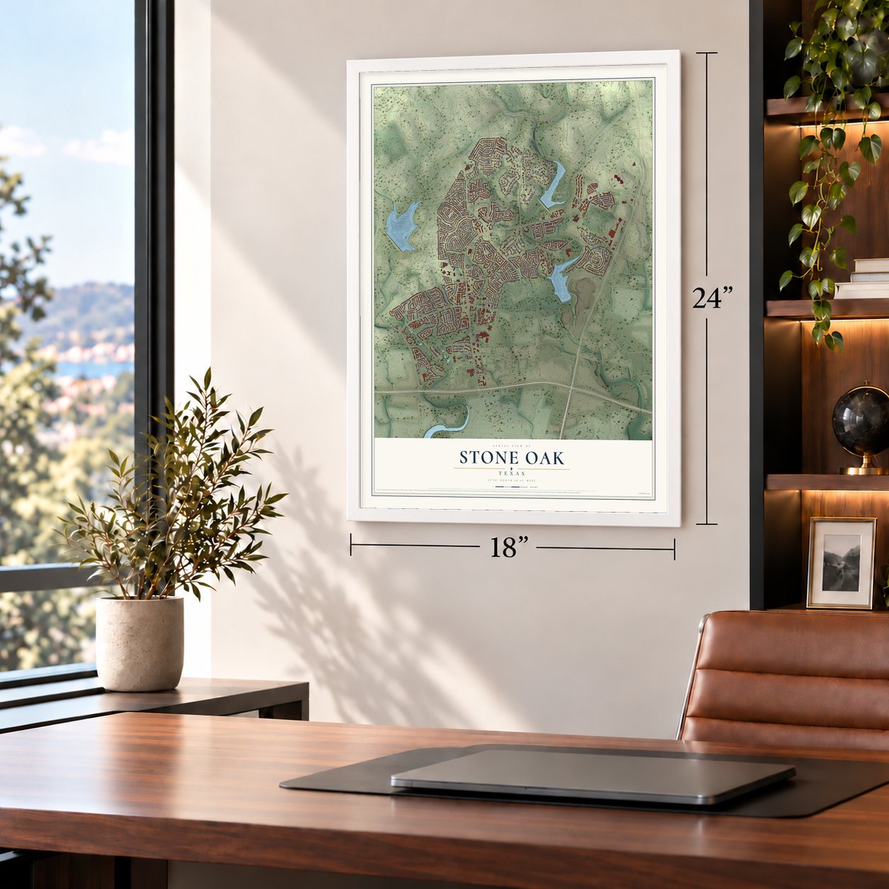 Stone Oak, Texas map, 18 x 24 inch print in a white frame in a home office