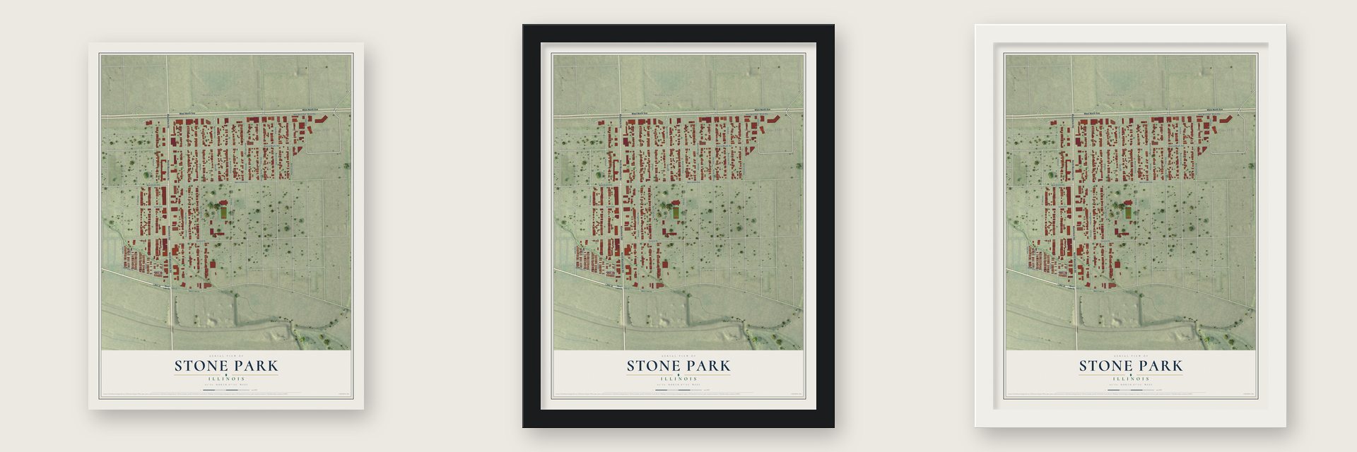 Stone Park, Illinois map unframed, in a black wood frame and in a white wood frame