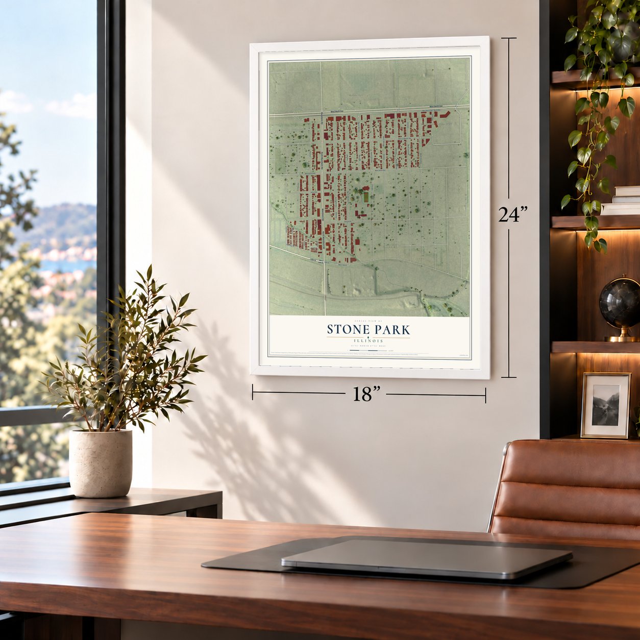 Stone Park, Illinois map, 18 x 24 inch print in a white frame in a home office