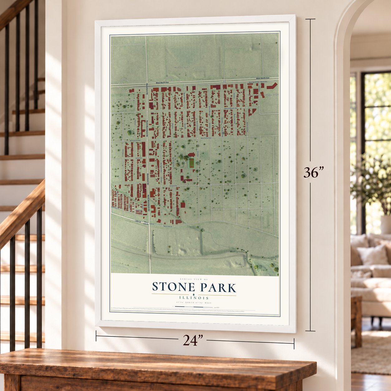 Stone Park, Illinois map, 24 x 36 inch print in a white frame by a staircase