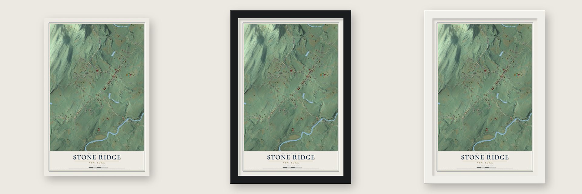 Stone Ridge, New York map unframed, in a black wood frame and in a white wood frame