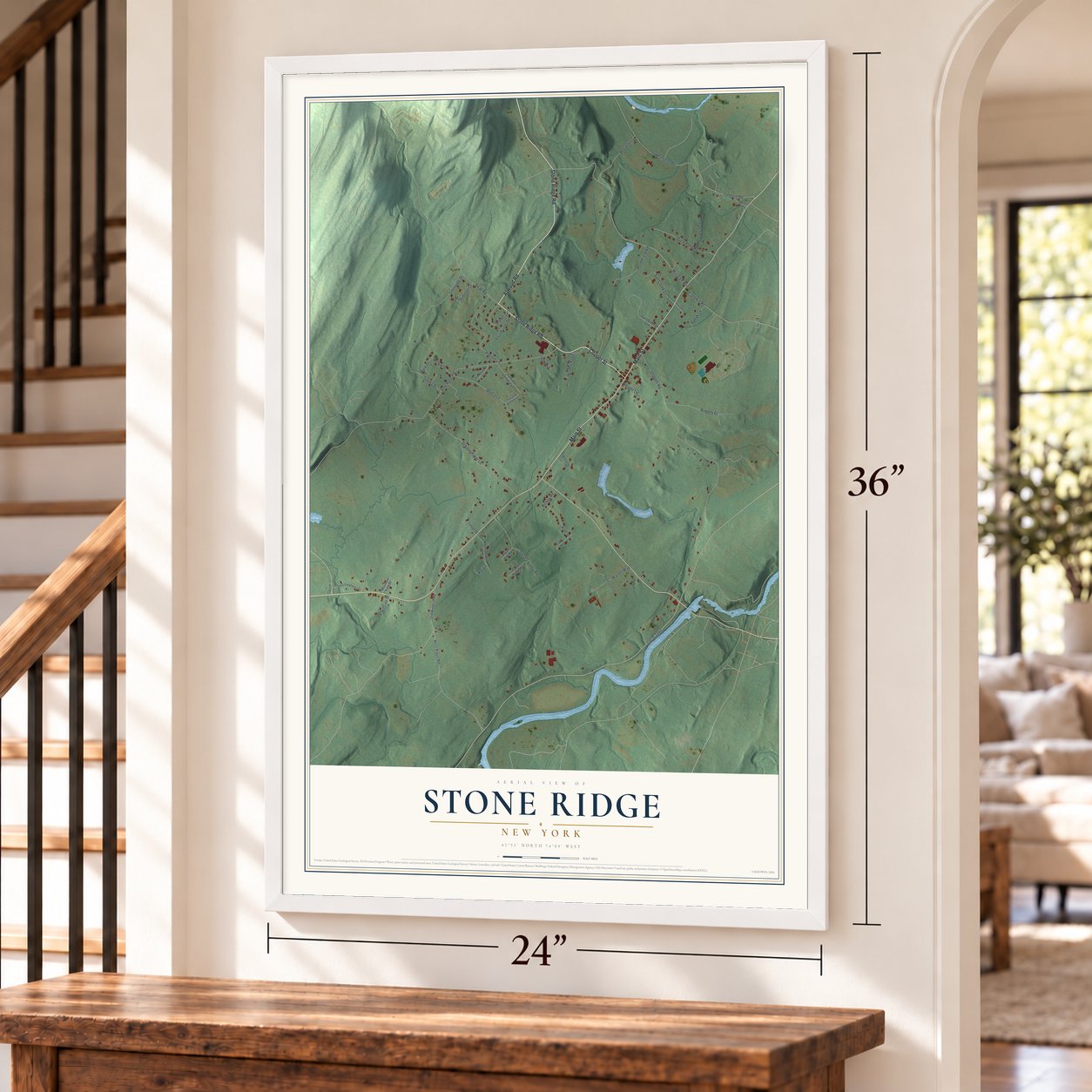 Stone Ridge, New York map, 24 x 36 inch print in a white frame by a staircase