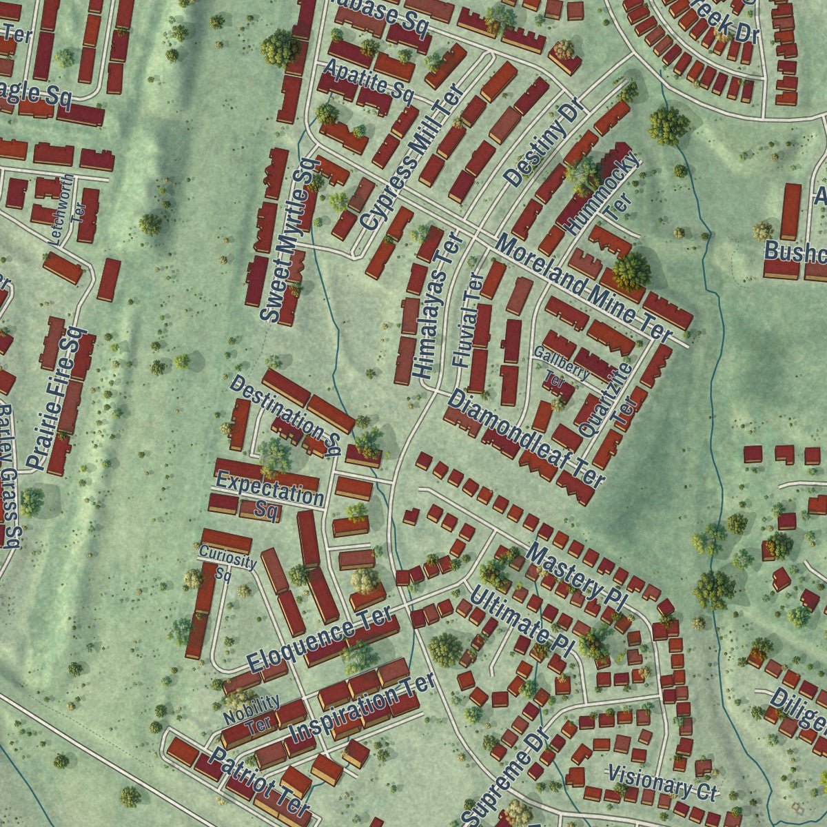 Second close-up of the map of Stone Ridge, Virginia print showing more streets and buildings