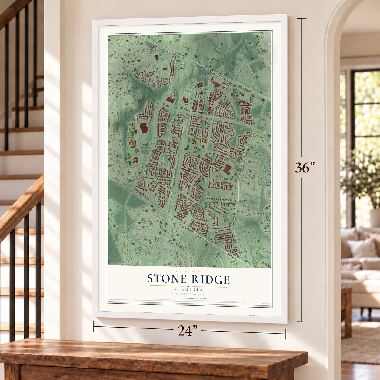 Stone Ridge, Virginia map, 24 x 36 inch print in a white frame by a staircase