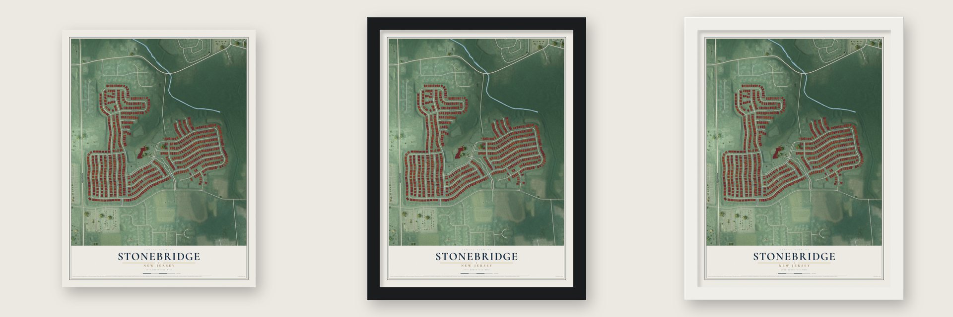 Stonebridge, New Jersey map unframed, in a black wood frame and in a white wood frame