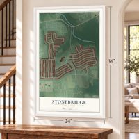 Stonebridge, New Jersey map, 24 x 36 inch print in a white frame by a staircase