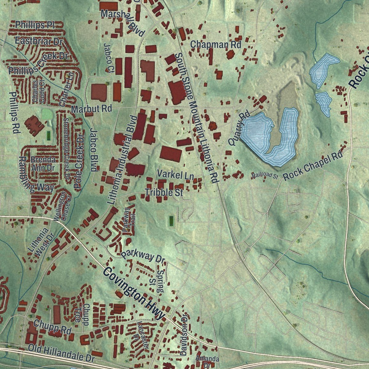 Second close-up of the map of Stonecrest, Georgia print showing more streets and buildings