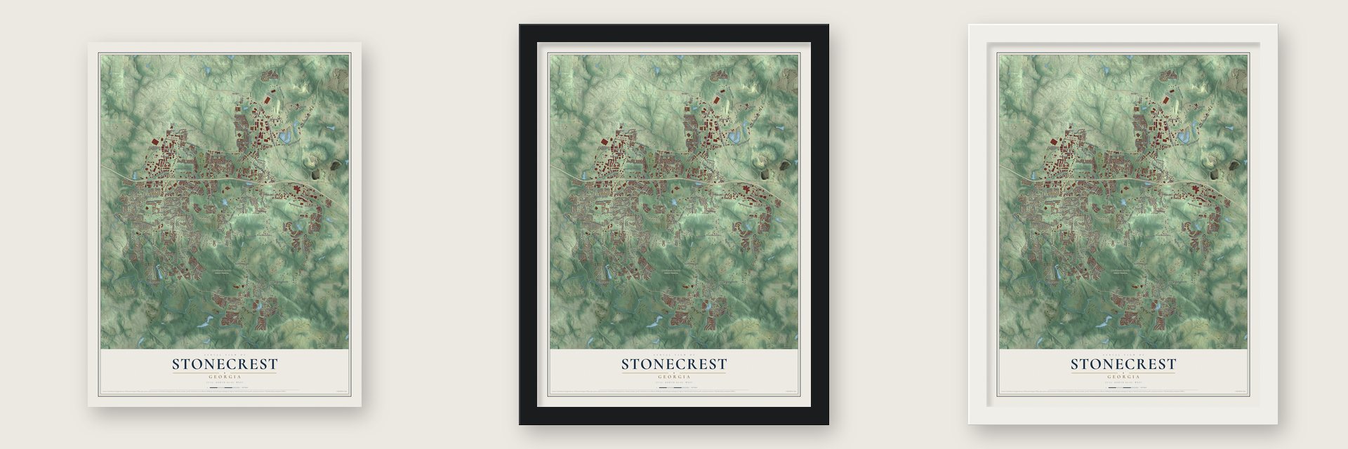 Stonecrest, Georgia map unframed, in a black wood frame and in a white wood frame